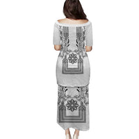 Philippines Barong Style Puletasi with Polynesian Art and Leaf Motif Black-White Color