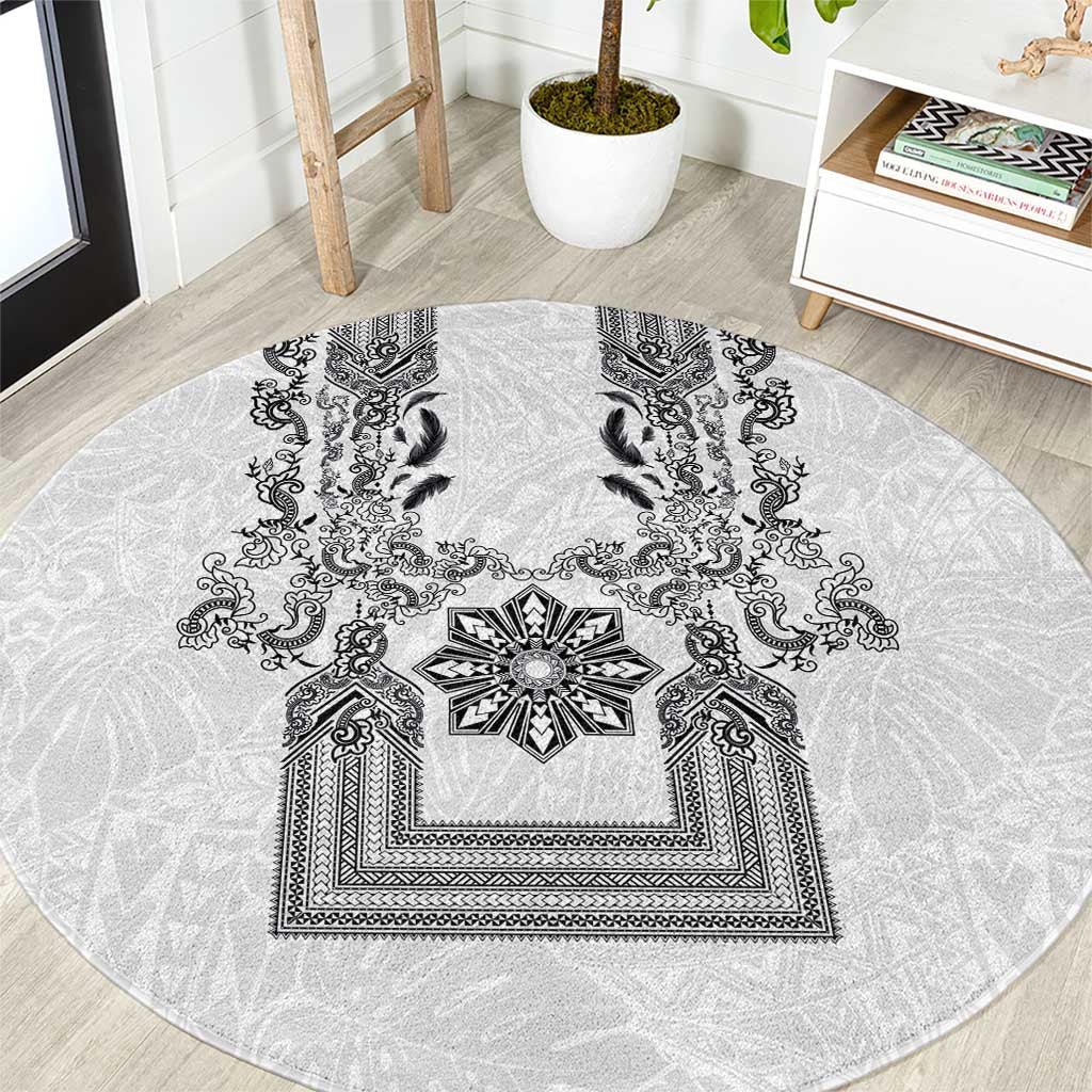 Philippines Barong Style Round Carpet with Polynesian Art and Leaf Motif Black-White Color