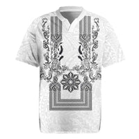 Philippines Barong Style Rugby Jersey with Polynesian Art and Leaf Motif Black-White Color