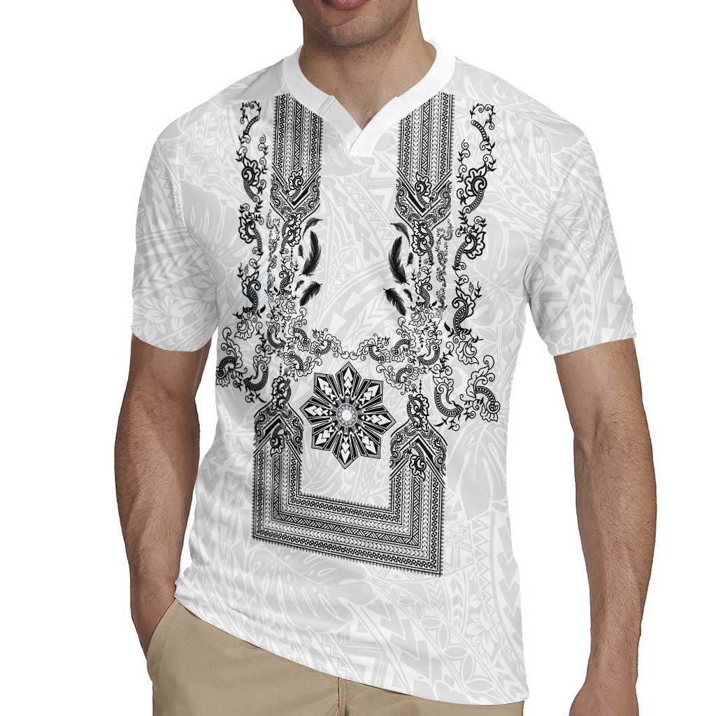 Philippines Barong Style Rugby Jersey with Polynesian Art and Leaf Motif Black-White Color