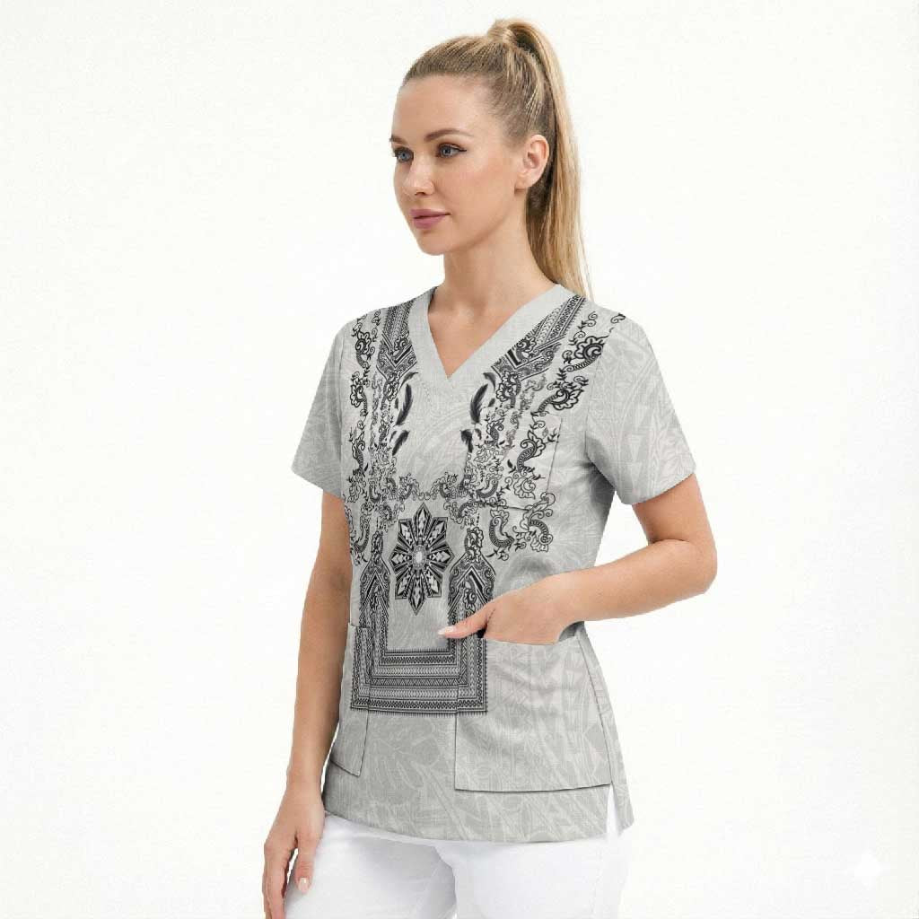 Philippines Barong Style Scrub Top with Polynesian Art and Leaf Motif Black-White Color