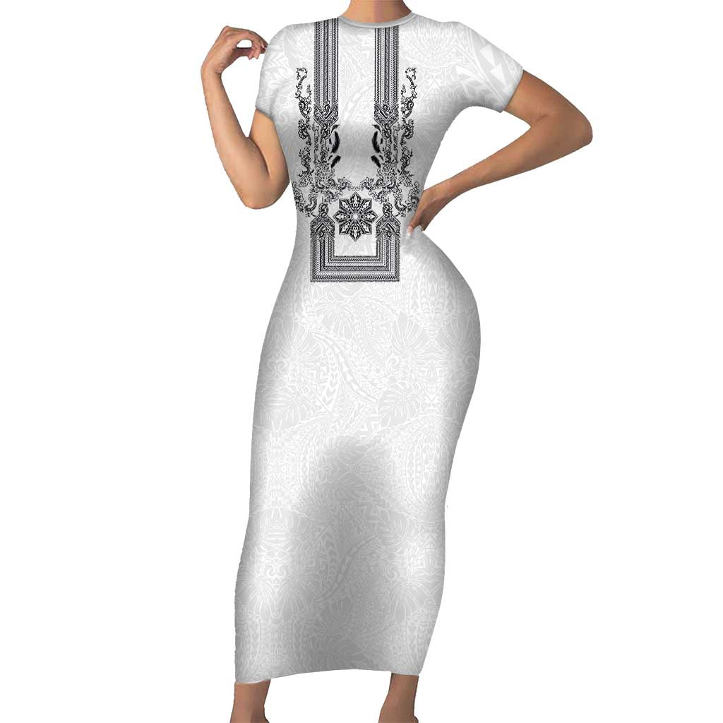 Philippines Barong Style Short Sleeve Bodycon Dress with Polynesian Art and Leaf Motif Black-White Color