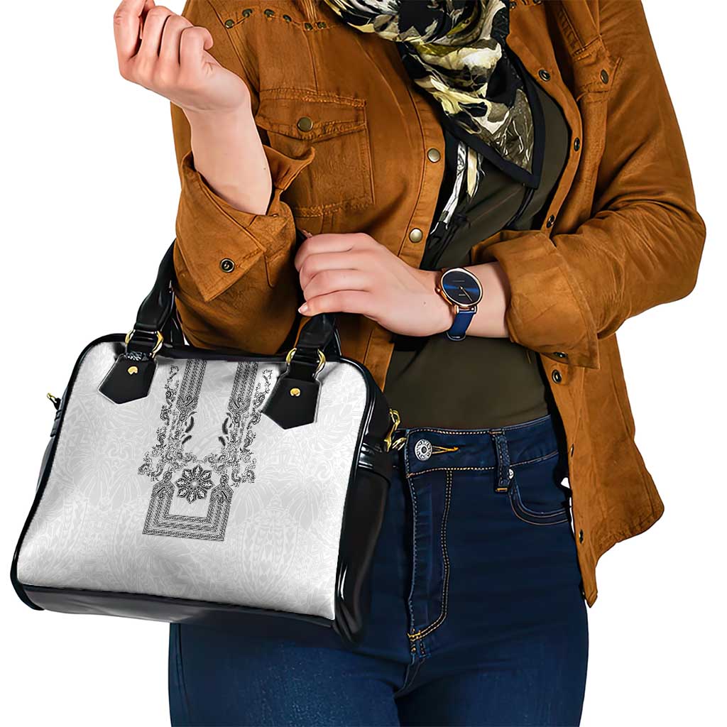 Philippines Barong Style Shoulder Handbag with Polynesian Art and Leaf Motif Black-White Color