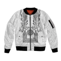 Philippines Barong Style Sleeve Zip Bomber Jacket with Polynesian Art and Leaf Motif Black-White Color