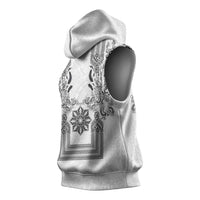 Philippines Barong Style Sleeveless Hoodie with Polynesian Art and Leaf Motif Black-White Color