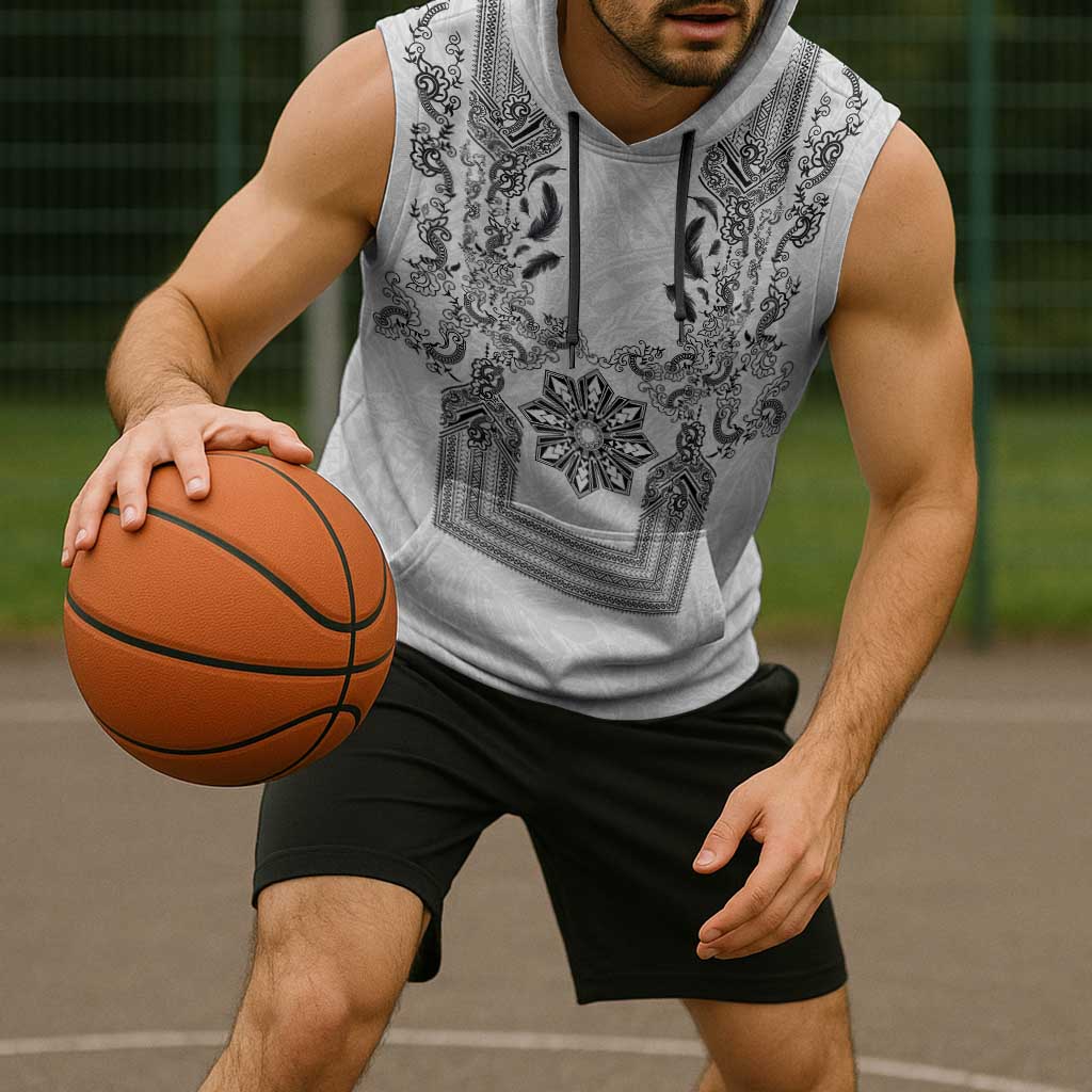 Philippines Barong Style Sleeveless Hoodie with Polynesian Art and Leaf Motif Black-White Color
