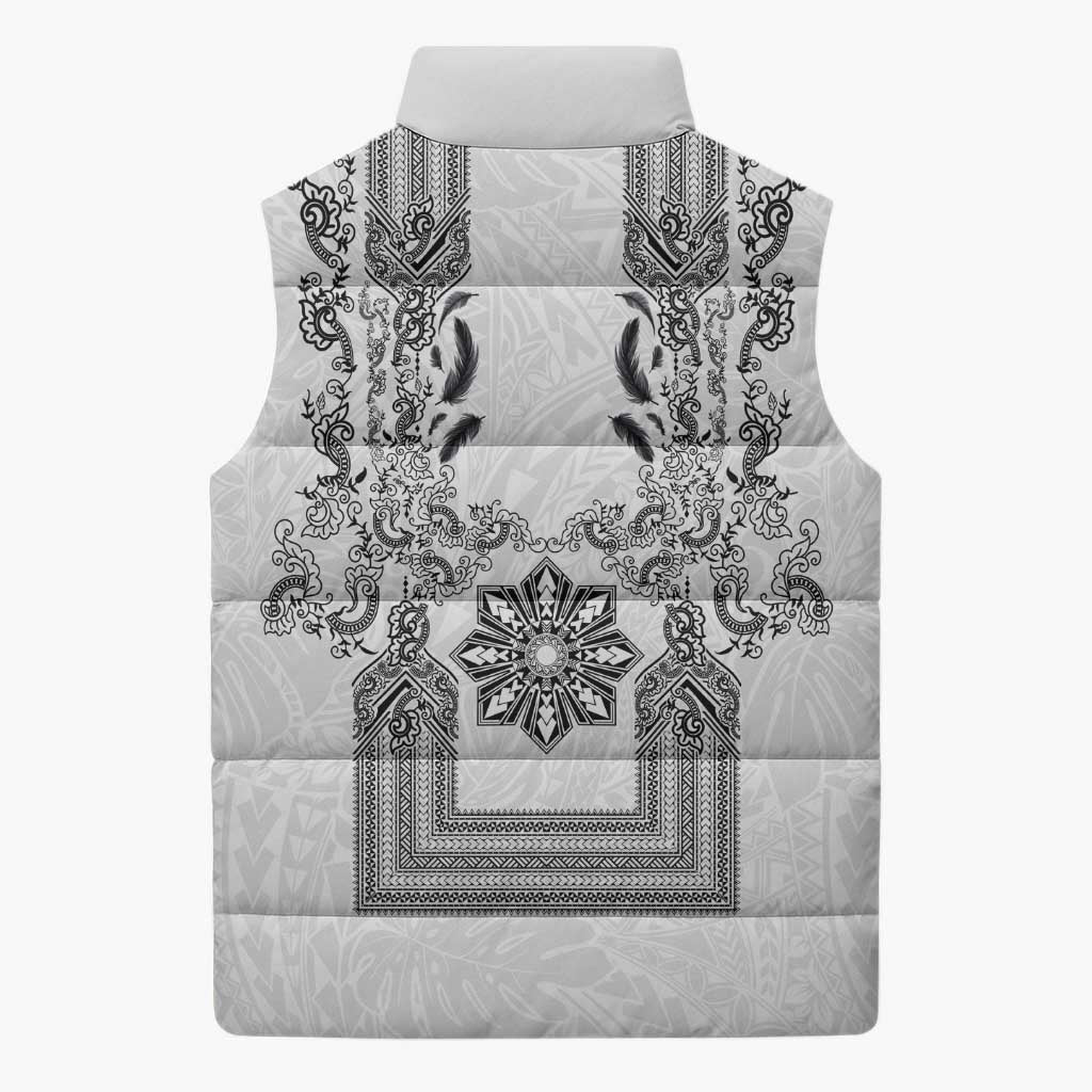 Philippines Barong Style Sleeveless Puffer Jacket with Polynesian Art and Leaf Motif Black-White Color