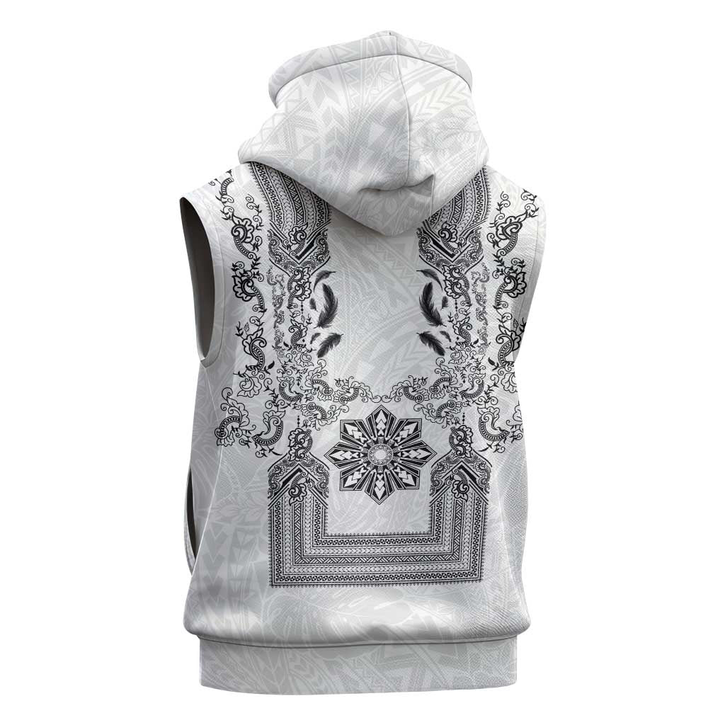 Philippines Barong Style Sleeveless Zip Hoodie with Polynesian Art and Leaf Motif Black-White Color
