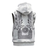 Philippines Barong Style Sleeveless Zip Hoodie with Polynesian Art and Leaf Motif Black-White Color