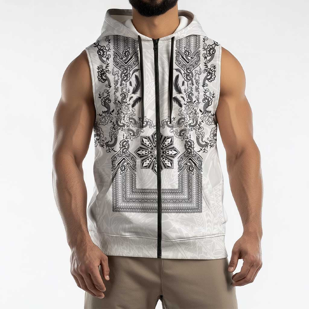 Philippines Barong Style Sleeveless Zip Hoodie with Polynesian Art and Leaf Motif Black-White Color