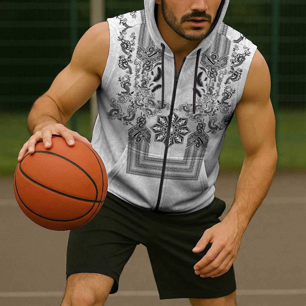Philippines Barong Style Sleeveless Zip Hoodie with Polynesian Art and Leaf Motif Black-White Color