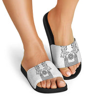 Philippines Barong Style Slide Sandals with Polynesian Art and Leaf Motif Black-White Color