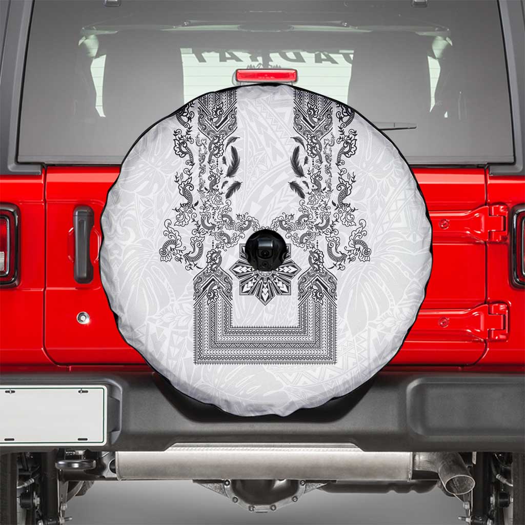 Philippines Barong Style Spare Tire Cover with Polynesian Art and Leaf Motif Black-White Color