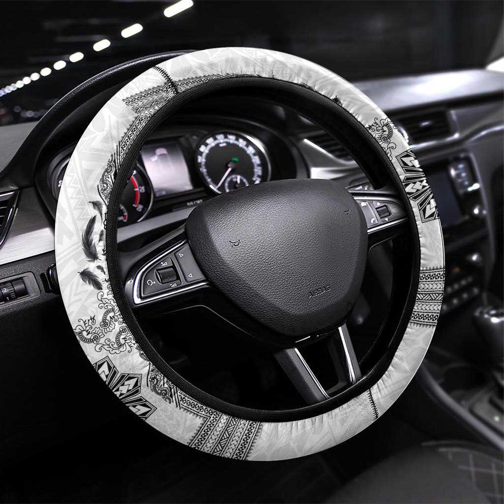 Philippines Barong Style Steering Wheel Cover with Polynesian Art and Leaf Motif Black-White Color