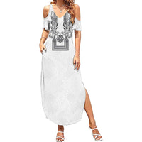 Philippines Barong Style Summer Maxi Dress with Polynesian Art and Leaf Motif Black-White Color
