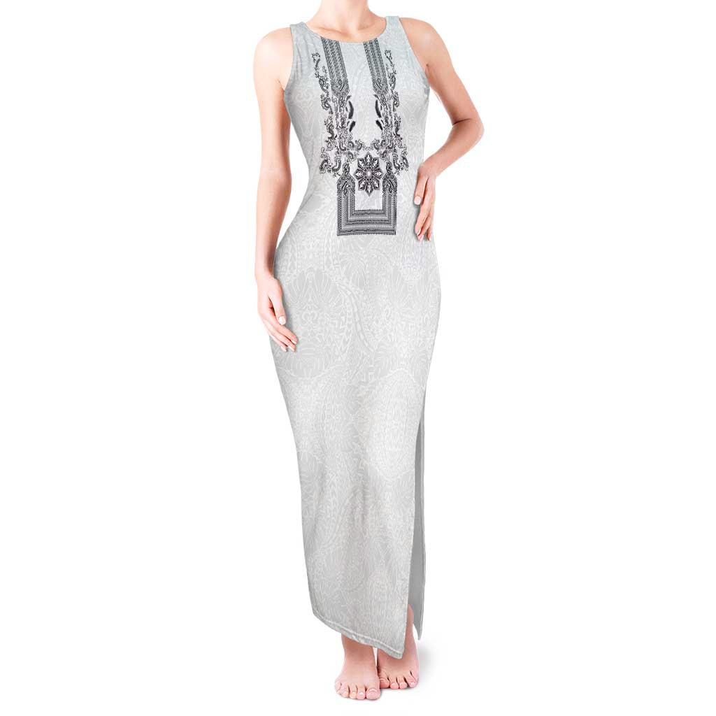 Philippines Barong Style Tank Maxi Dress with Polynesian Art and Leaf Motif Black-White Color