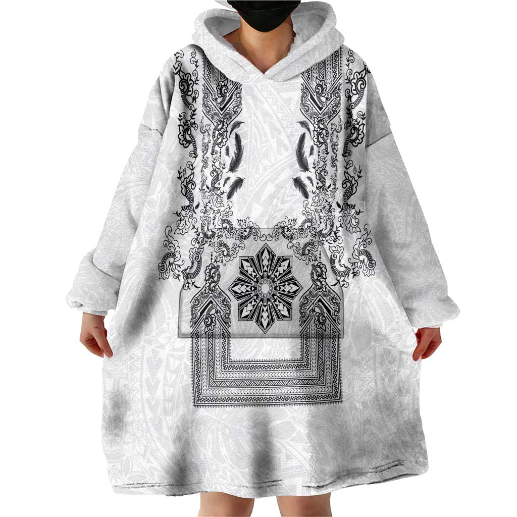 Philippines Barong Style Wearable Blanket Hoodie with Polynesian Art and Leaf Motif Black-White Color