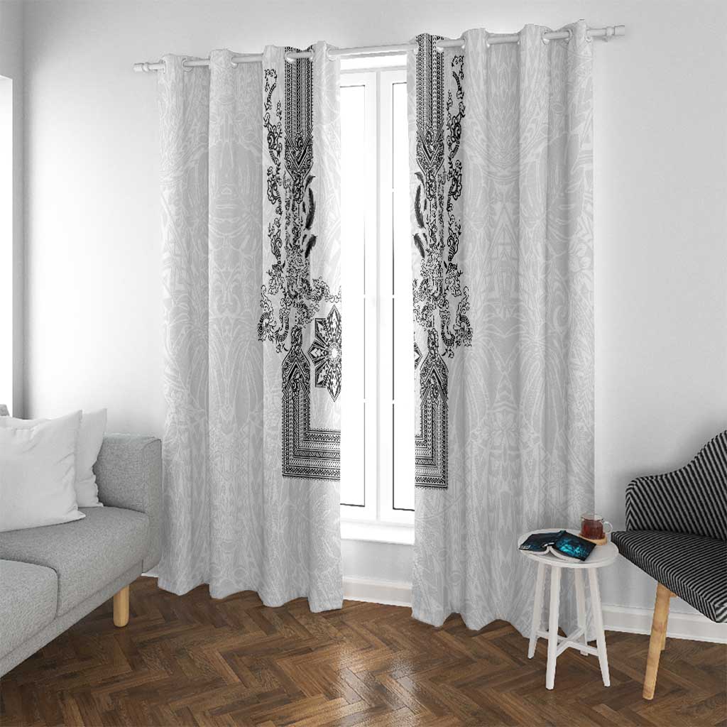 Philippines Barong Style Window Curtain with Polynesian Art and Leaf Motif Black-White Color