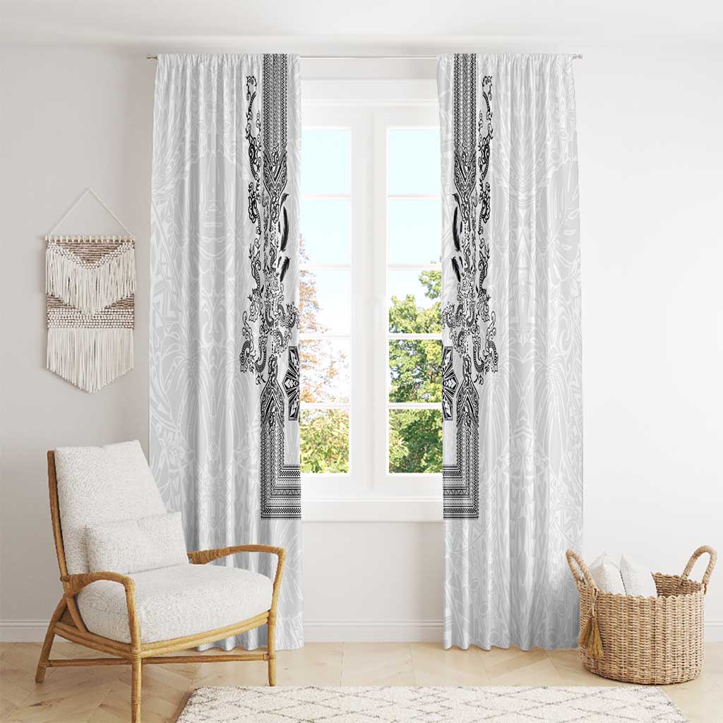 Philippines Barong Style Window Curtain with Polynesian Art and Leaf Motif Black-White Color