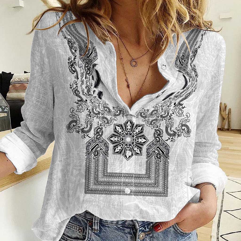Philippines Barong Style Women Casual Shirt with Polynesian Art and Leaf Motif Black-White Color