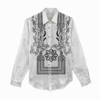 Philippines Barong Style Women Casual Shirt with Polynesian Art and Leaf Motif Black-White Color