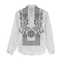 Philippines Barong Style Women Casual Shirt with Polynesian Art and Leaf Motif Black-White Color