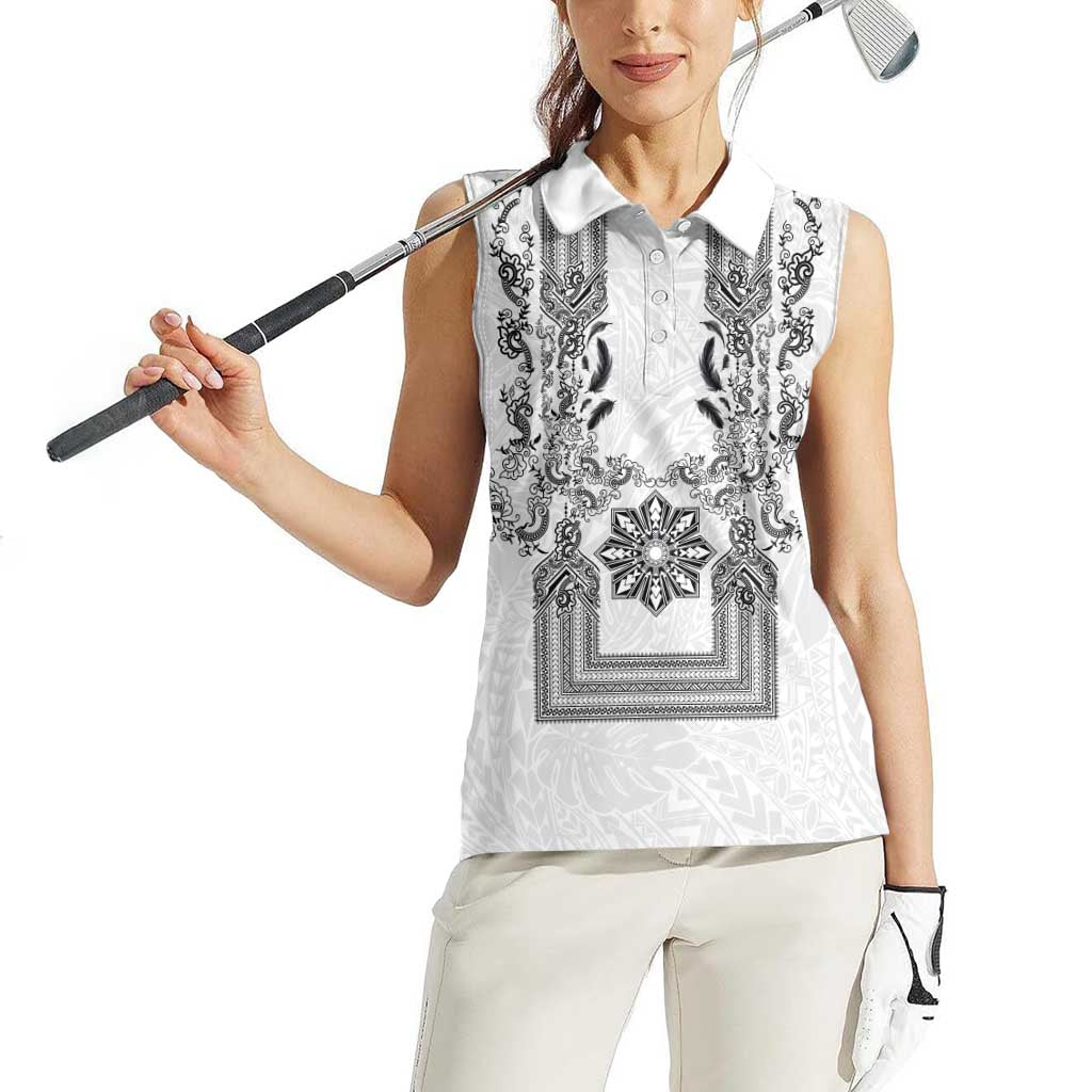 Philippines Barong Style Women Sleeveless Polo Shirt with Polynesian Art and Leaf Motif Black-White Color