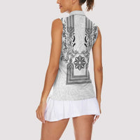 Philippines Barong Style Women Sleeveless Polo Shirt with Polynesian Art and Leaf Motif Black-White Color