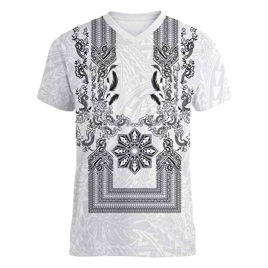 Philippines Barong Style Women V-Neck T-Shirt with Polynesian Art and Leaf Motif Black-White Color