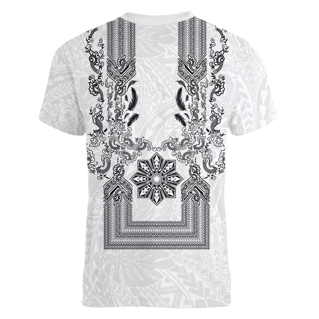 Philippines Barong Style Women V-Neck T-Shirt with Polynesian Art and Leaf Motif Black-White Color