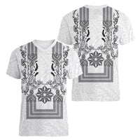 Philippines Barong Style Women V-Neck T-Shirt with Polynesian Art and Leaf Motif Black-White Color