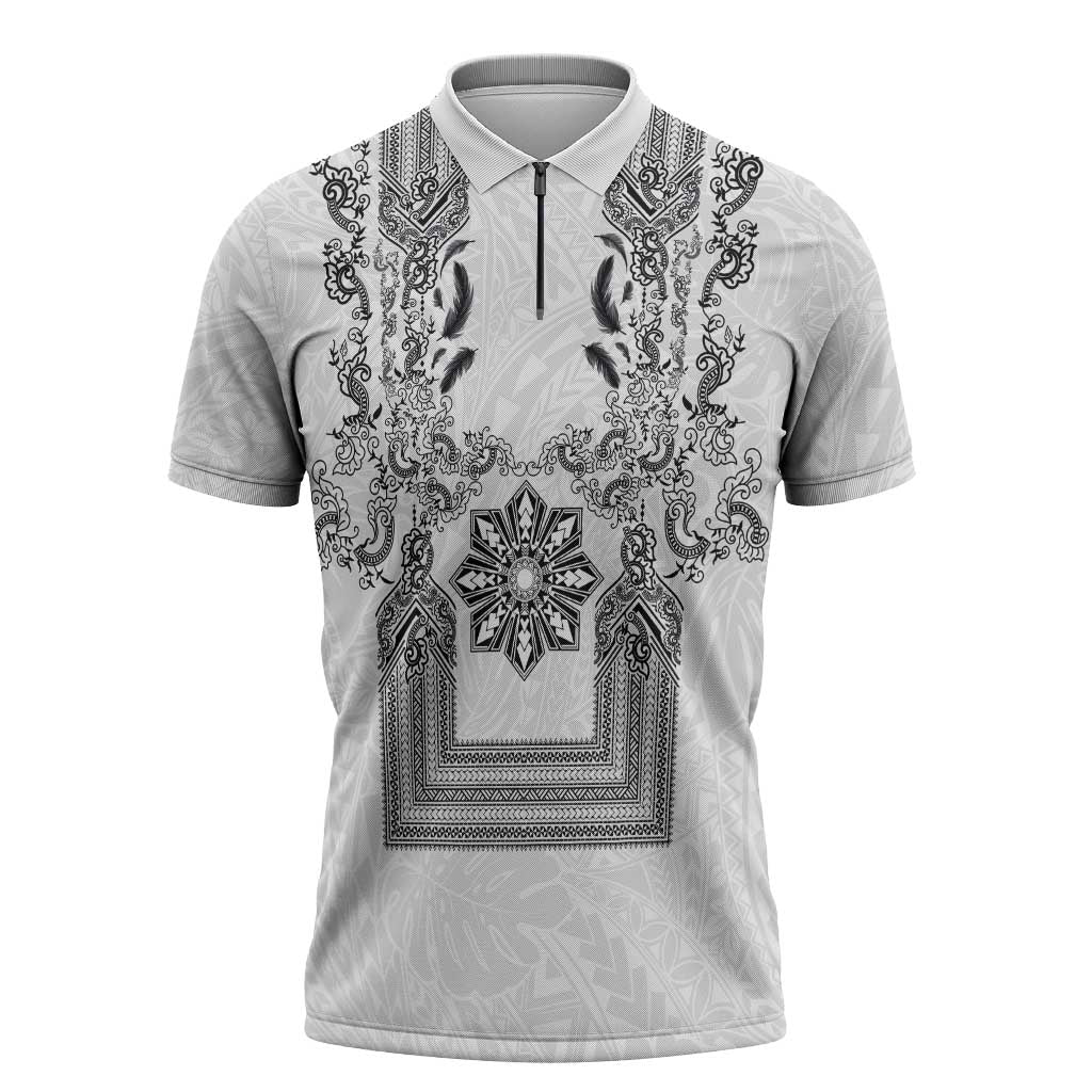 Philippines Barong Style Zipper Polo Shirt with Polynesian Art and Leaf Motif Black-White Color