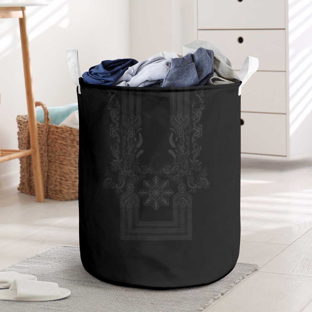 Philippines Barong Style Laundry Basket with Polynesian Art and Leaf Motif Black Color