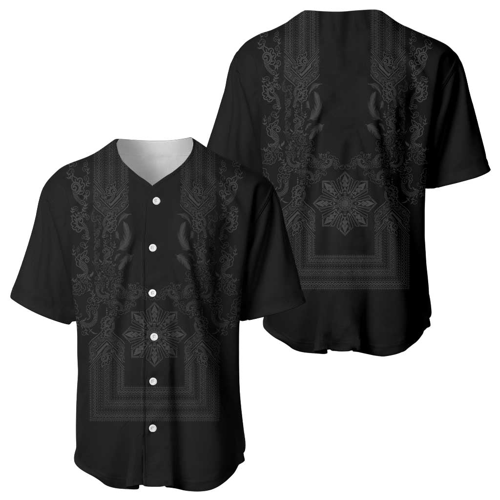 Philippines Barong Style Baseball Jersey with Polynesian Art and Leaf Motif Black Color