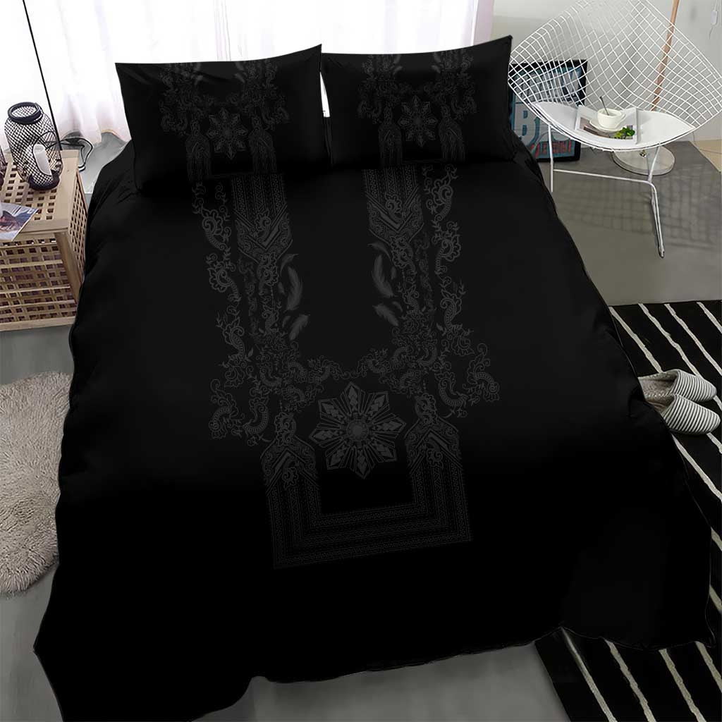 Philippines Barong Style Bedding Set with Polynesian Art and Leaf Motif Black Color