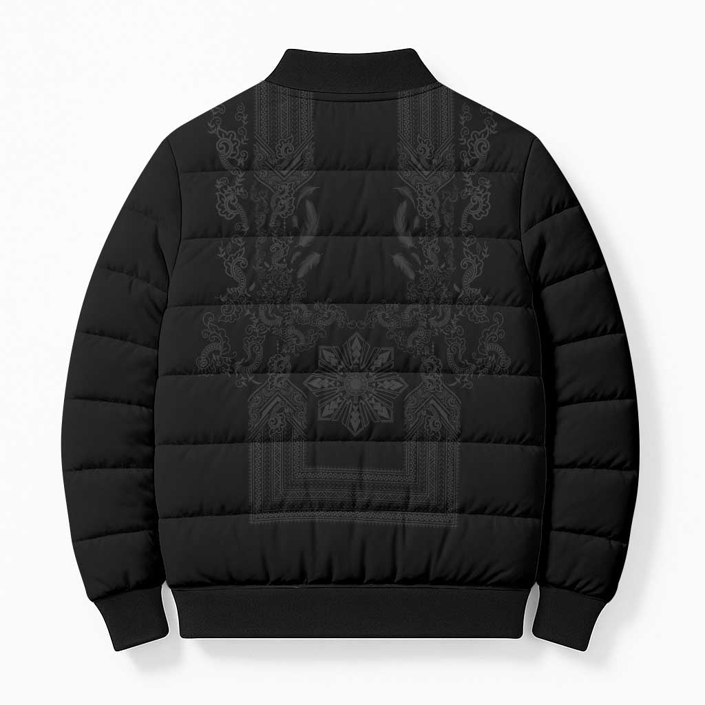 Philippines Barong Style Bomber Puffer Jacket with Polynesian Art and Leaf Motif Black Color