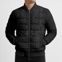 Philippines Barong Style Bomber Puffer Jacket with Polynesian Art and Leaf Motif Black Color