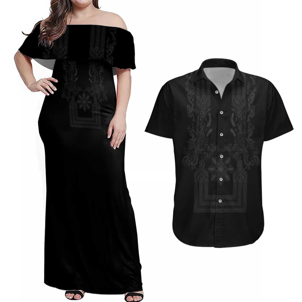 Philippines Barong Style Couples Matching Off Shoulder Maxi Dress and Hawaiian Shirt with Polynesian Art and Leaf Motif Black Color