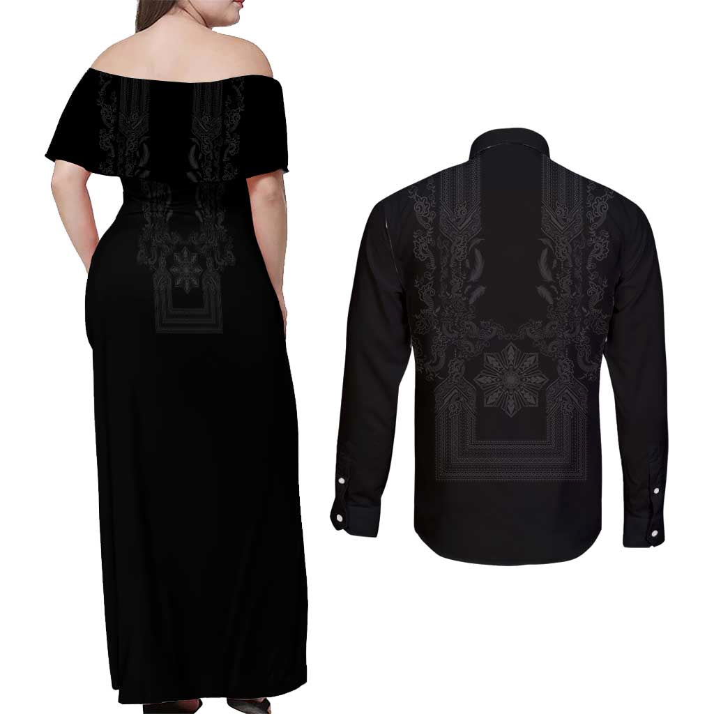 Philippines Barong Style Couples Matching Off Shoulder Maxi Dress and Long Sleeve Button Shirt with Polynesian Art and Leaf Motif Black Color