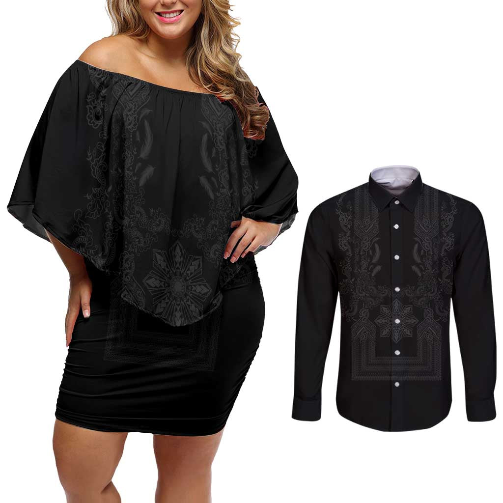 Philippines Barong Style Couples Matching Off Shoulder Short Dress and Long Sleeve Button Shirt with Polynesian Art and Leaf Motif Black Color