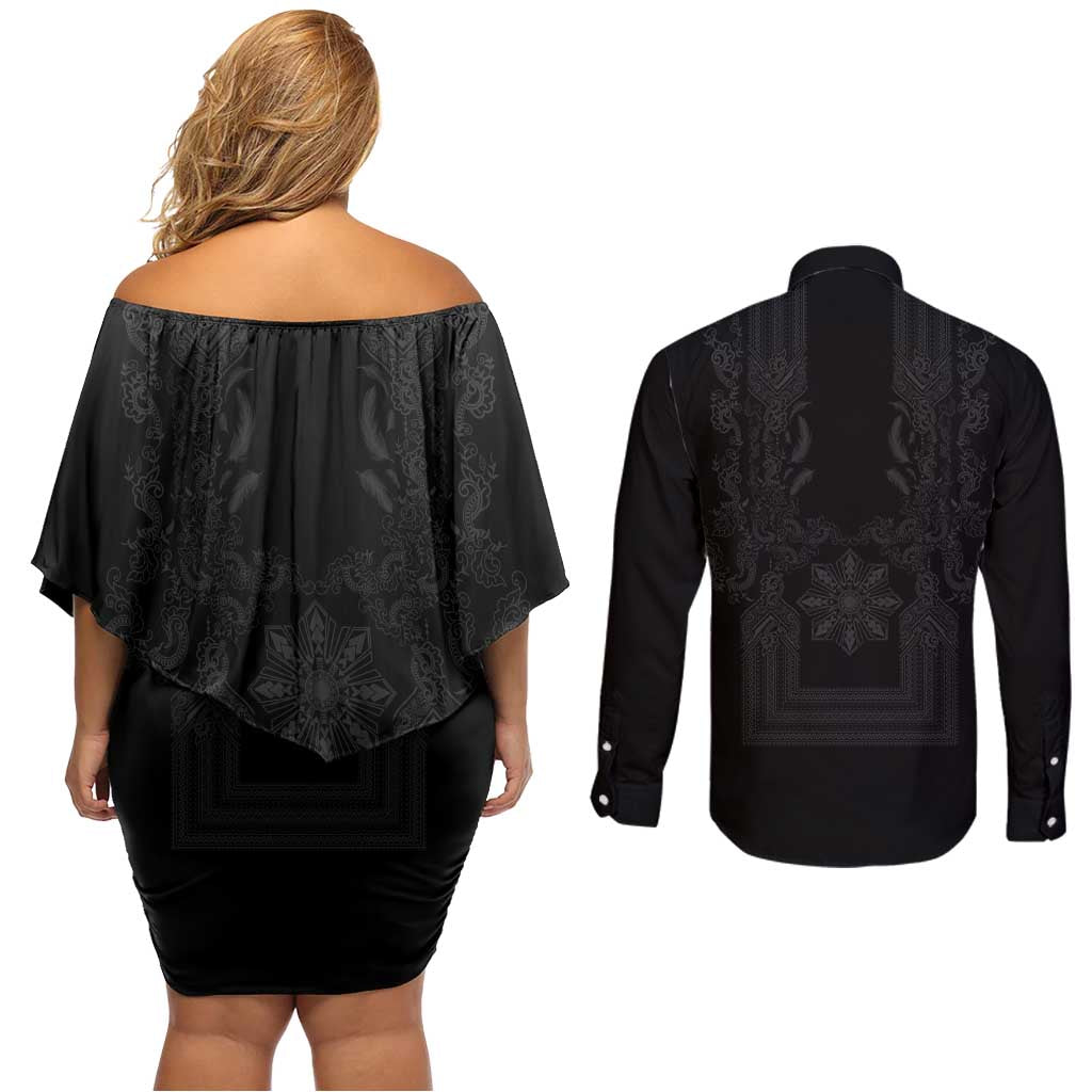 Philippines Barong Style Couples Matching Off Shoulder Short Dress and Long Sleeve Button Shirt with Polynesian Art and Leaf Motif Black Color