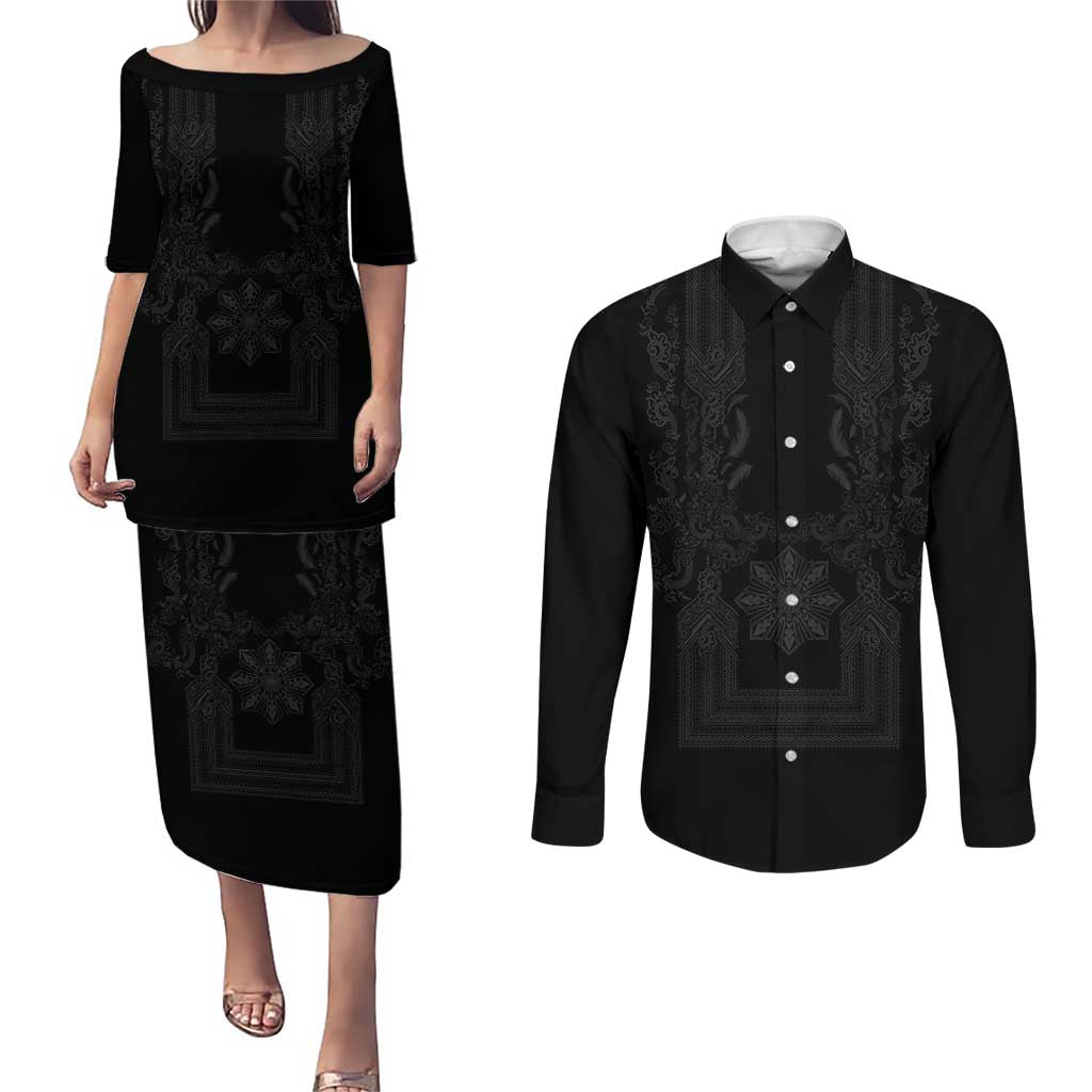 Philippines Barong Style Couples Matching Puletasi and Long Sleeve Button Shirt with Polynesian Art and Leaf Motif Black Color