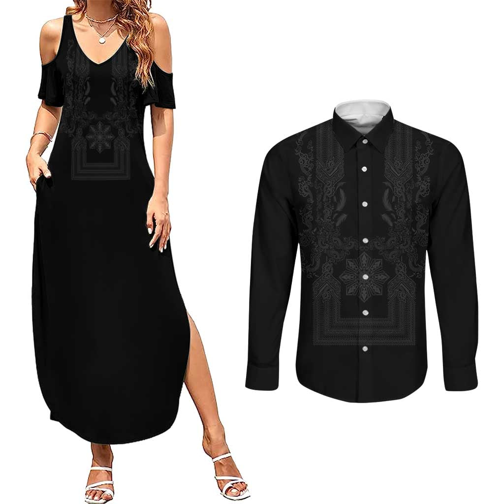 Philippines Barong Style Couples Matching Summer Maxi Dress and Long Sleeve Button Shirt with Polynesian Art and Leaf Motif Black Color