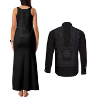 Philippines Barong Style Couples Matching Tank Maxi Dress and Long Sleeve Button Shirt with Polynesian Art and Leaf Motif Black Color