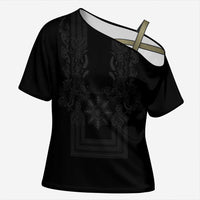 Philippines Barong Style Cross Shoulder Shirt with Polynesian Art and Leaf Motif Black Color