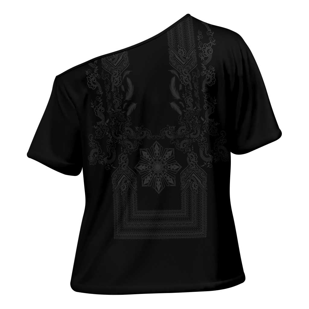 Philippines Barong Style Cross Shoulder Shirt with Polynesian Art and Leaf Motif Black Color