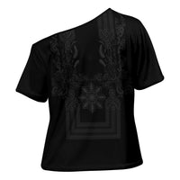 Philippines Barong Style Cross Shoulder Shirt with Polynesian Art and Leaf Motif Black Color