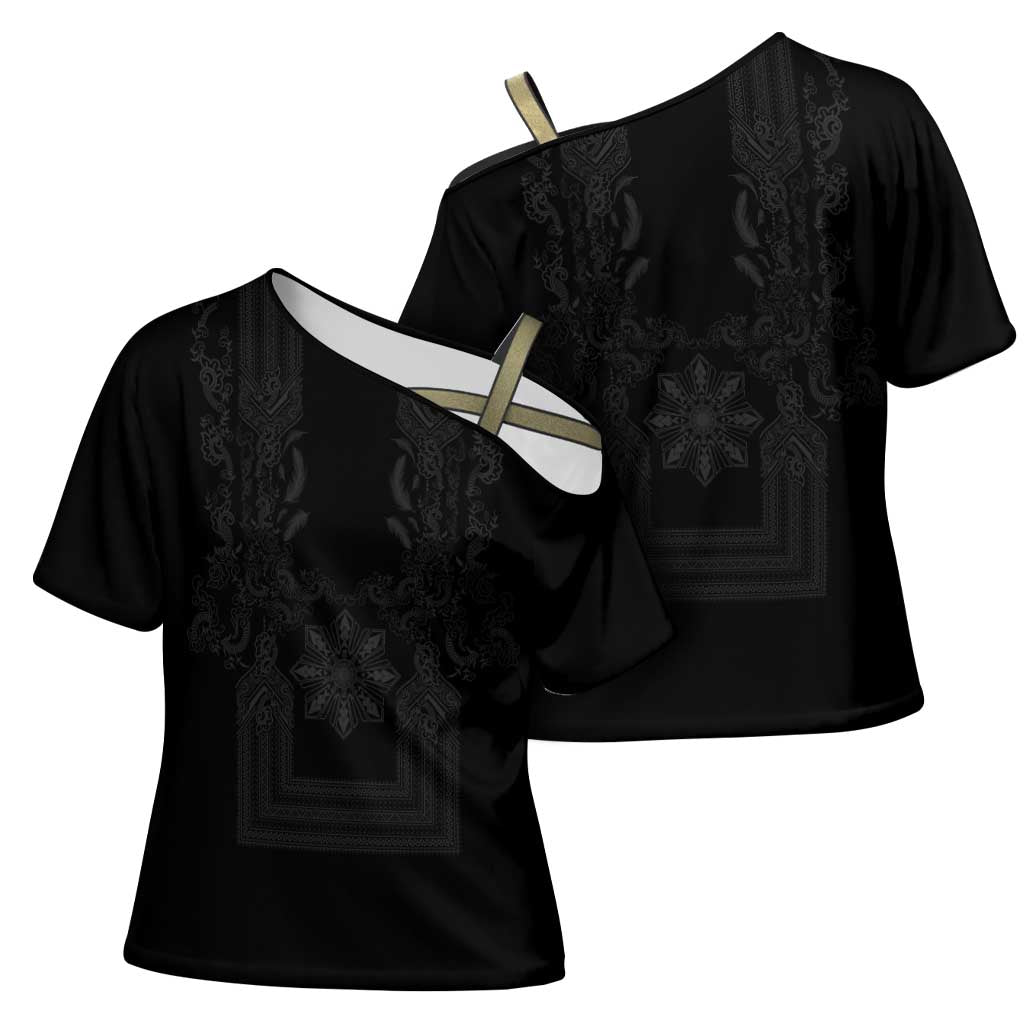 Philippines Barong Style Cross Shoulder Shirt with Polynesian Art and Leaf Motif Black Color