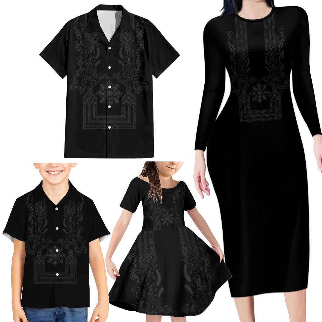 Philippines Barong Style Family Matching Long Sleeve Bodycon Dress and Hawaiian Shirt with Polynesian Art and Leaf Motif Black Color LT03 - Polynesian Pride