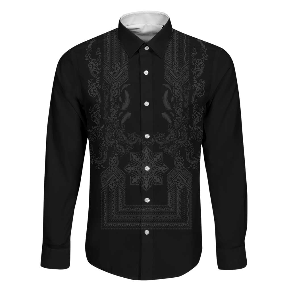Philippines Barong Style Family Matching Mermaid Dress and Hawaiian Shirt with Polynesian Art and Leaf Motif Black Color LT03 Dad's Shirt - Long Sleeve Black - Polynesian Pride